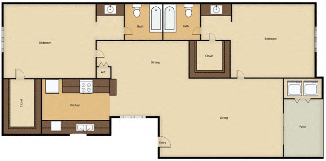 Floor plan for 2 beds, 2 baths, 980 sqft
